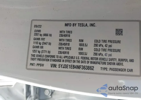2022 Tesla Model 3 Long Range Dual Motor All-Wheel Drive z USA, uszkodzony, nr VIN 5YJ3E1EB4NF363862